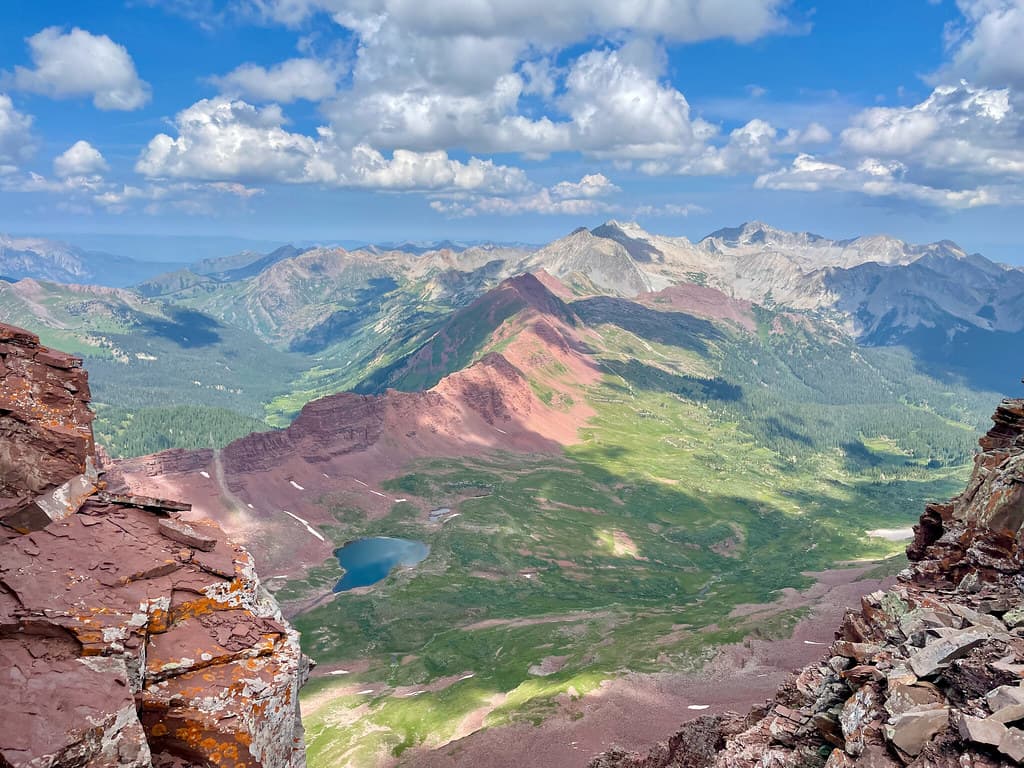 Looking north to Snowmass and Capitol Peaks from between the Maroon Bells.