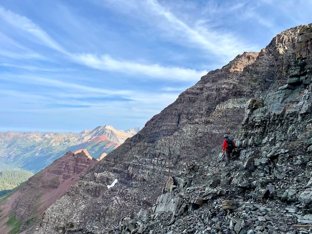 Hugging Maroon’s southwest shoulder after ascending the first chimney.